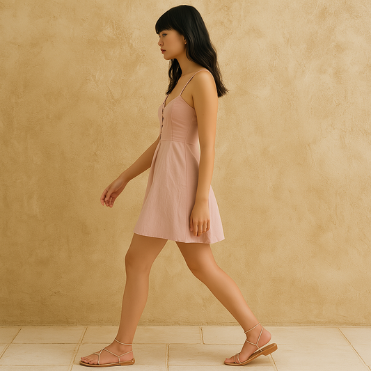Woman wearing blush pink Ines Linen Corset Dress with sweetheart neckline and flared skirt, perfect for modern resortwear.