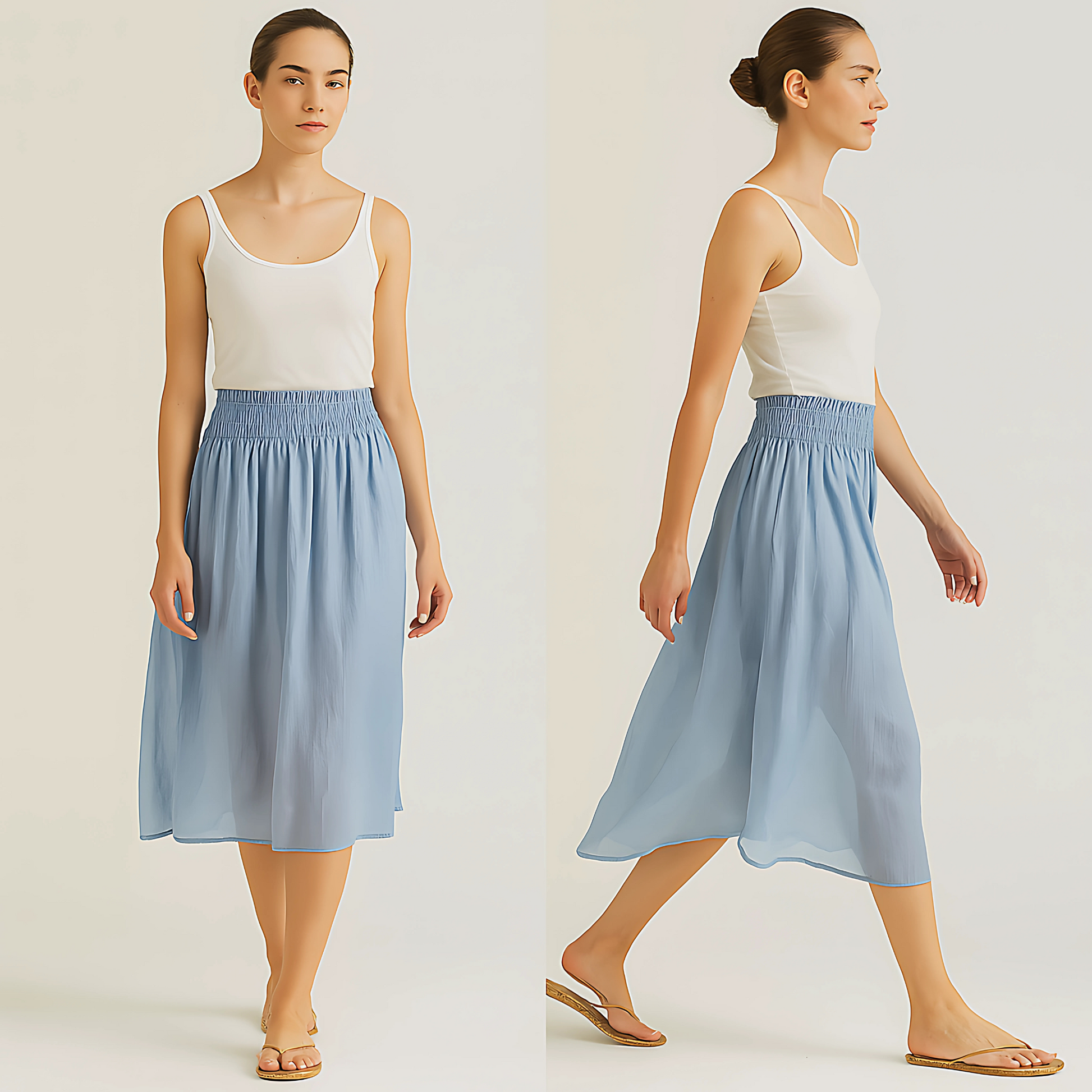 Woman wearing Isla Elastic Midi Skirt in Cloud Blue; versatile, comfortable resort wear featuring wide elastic waistband.