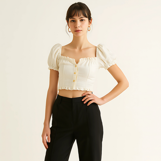 Woman wearing a linen button crop top with puff sleeves and ruffle trim, styled for elevated resortwear in natural shade.