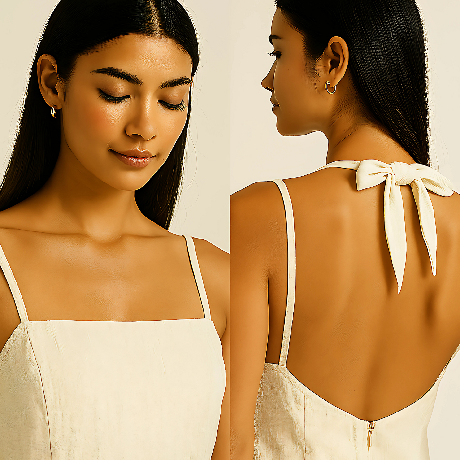 Model wearing Mira Tie-Back Mini Dress in Natural with square-neck, slim straps, and open back with tie detail, perfect for summer.