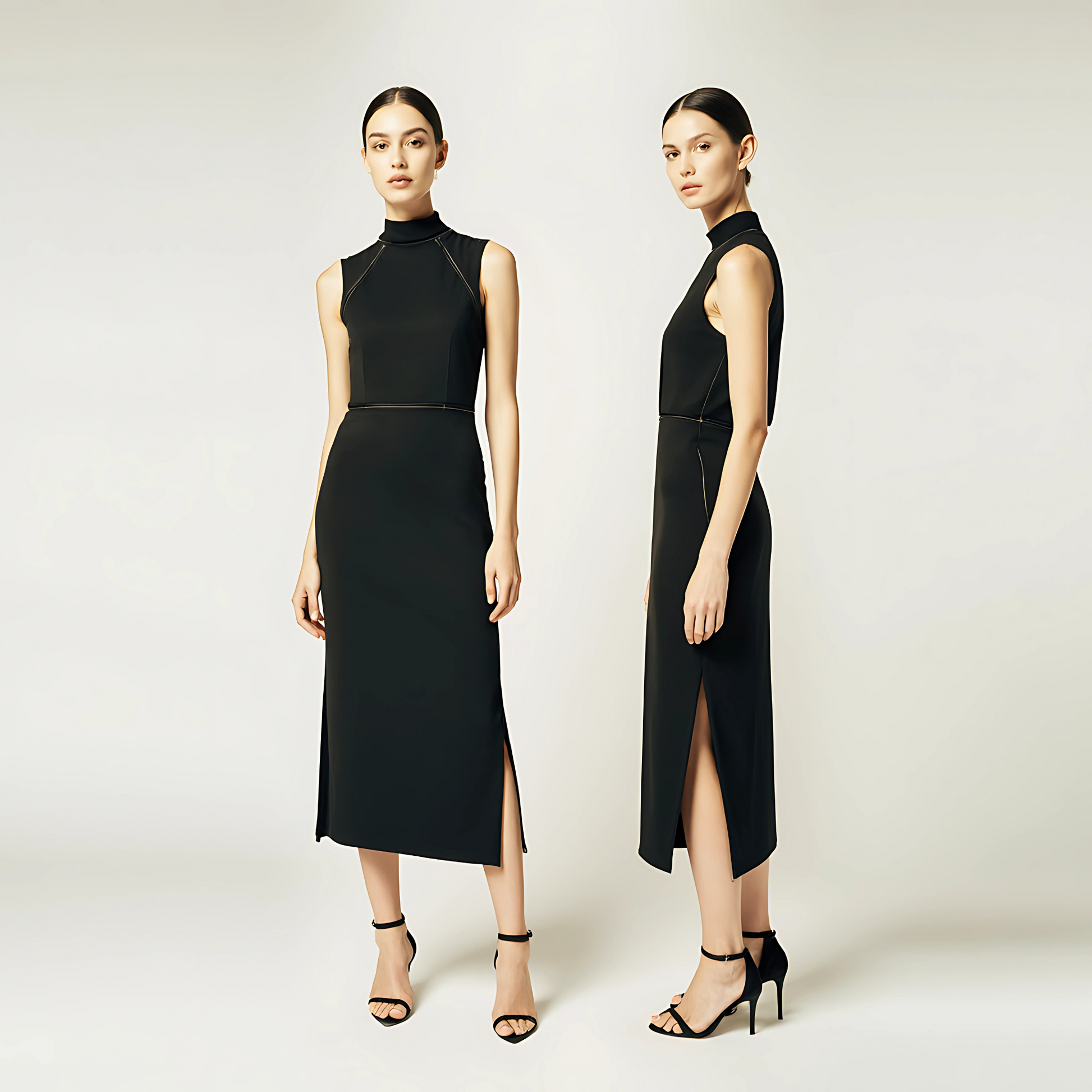Noir Turtleneck Dress featuring sleeveless design, high neckline, and side slit for elegant day-to-evening style.