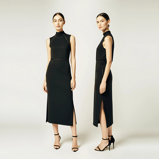 Noir Turtleneck Dress featuring sleeveless design, high neckline, and side slit for elegant day-to-evening style.