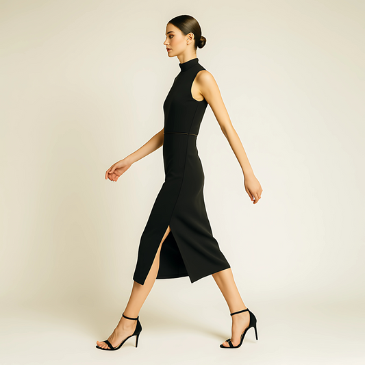 Sleek sleeveless noir turtleneck midi dress with side slit, ideal for minimalist fashion, day-to-evening transition.