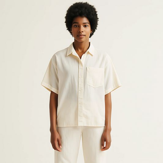 Natural oversized camp shirt with short sleeves and camp collar, ideal for resort wear or contemporary workwear, shown on a model.