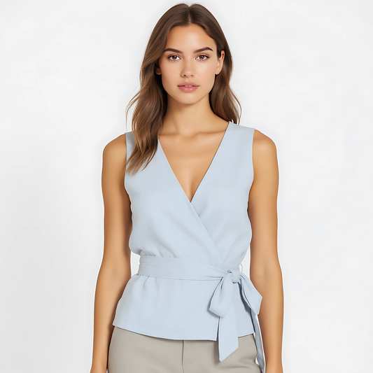 Powder Blue Linen-Blend Wrap Top with V-neck and waist tie, ideal for spa uniforms and warm-climate corporate outfits.
