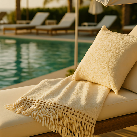 Luxurious resort blanket in cream tones on lounger by poolside, ideal for spa relaxation and upscale gifting.