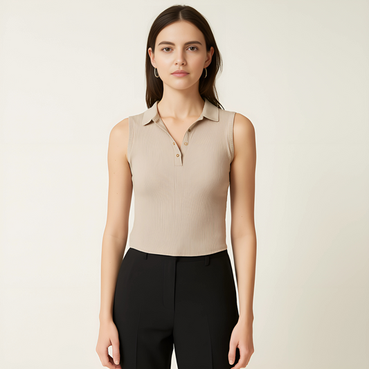 Woman wearing a beige ribbed polo tank with collar and button placket, ideal for contemporary resortwear or uniforms.