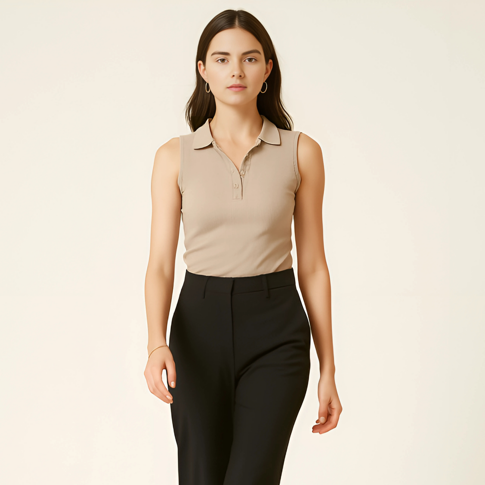 Sleek rib-knit sleeveless polo tank in beige with spread collar, worn by model. Ideal for resortwear or retail collection, customizable.