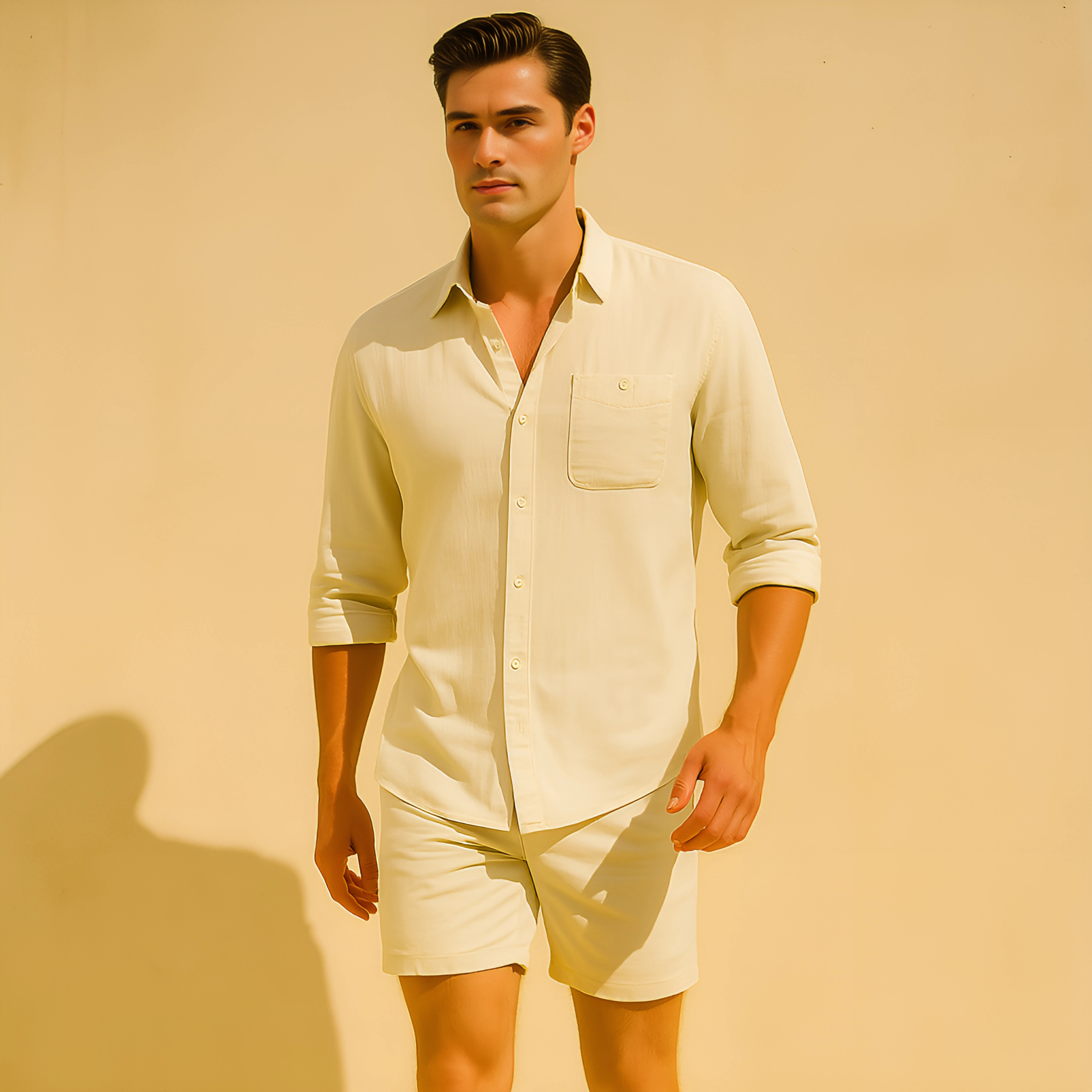 Man wearing Solstice Linen Shirt & Short Set in light cream color, standing against a beige background, demonstrating a casual look.