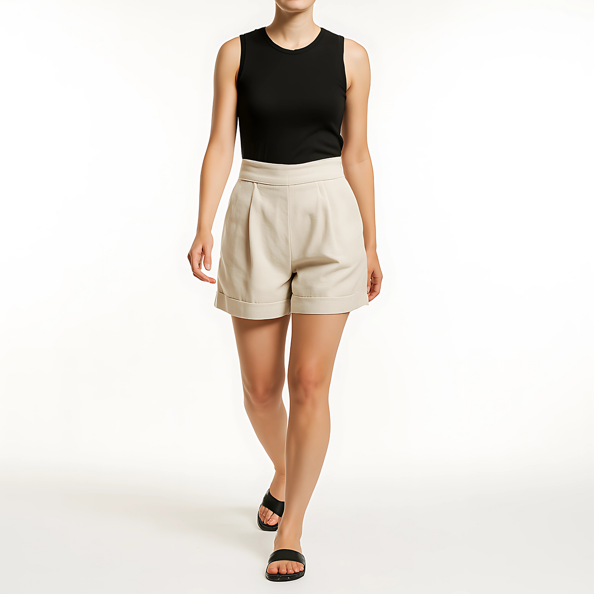 Woman wearing Amalfi Tailored Linen Shorts in natural color, styled with a black tank top and sandals, showcasing refined casualwear.