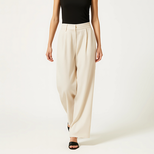 Ivory linen blend Cadence wide-leg trousers with clean waistband, front pleats, and minimalist side pockets for elegant comfort.