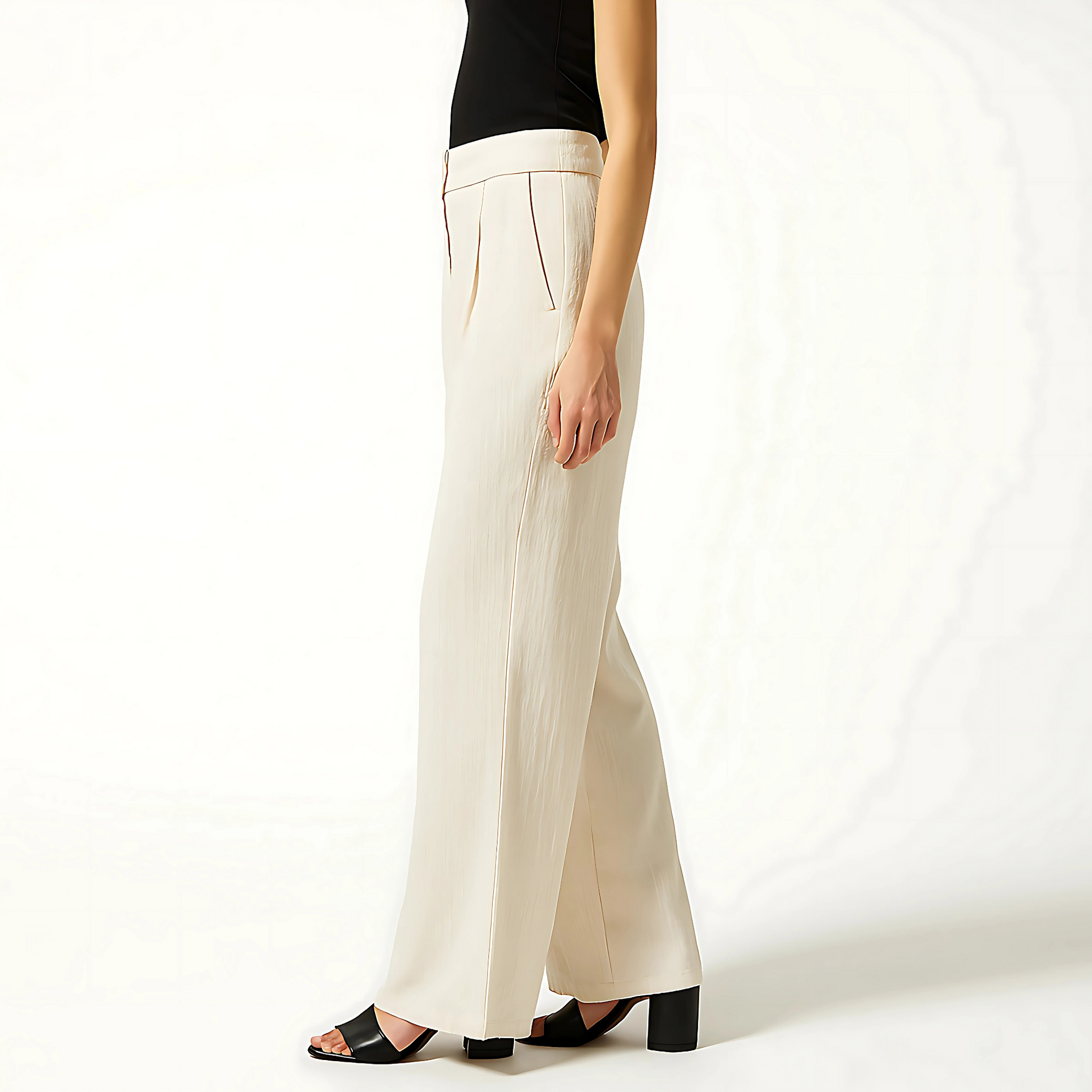 Ivory Linen Blend Cadence Wide-Leg Trouser with clean waistband and front pleats, shown with black top and heels.