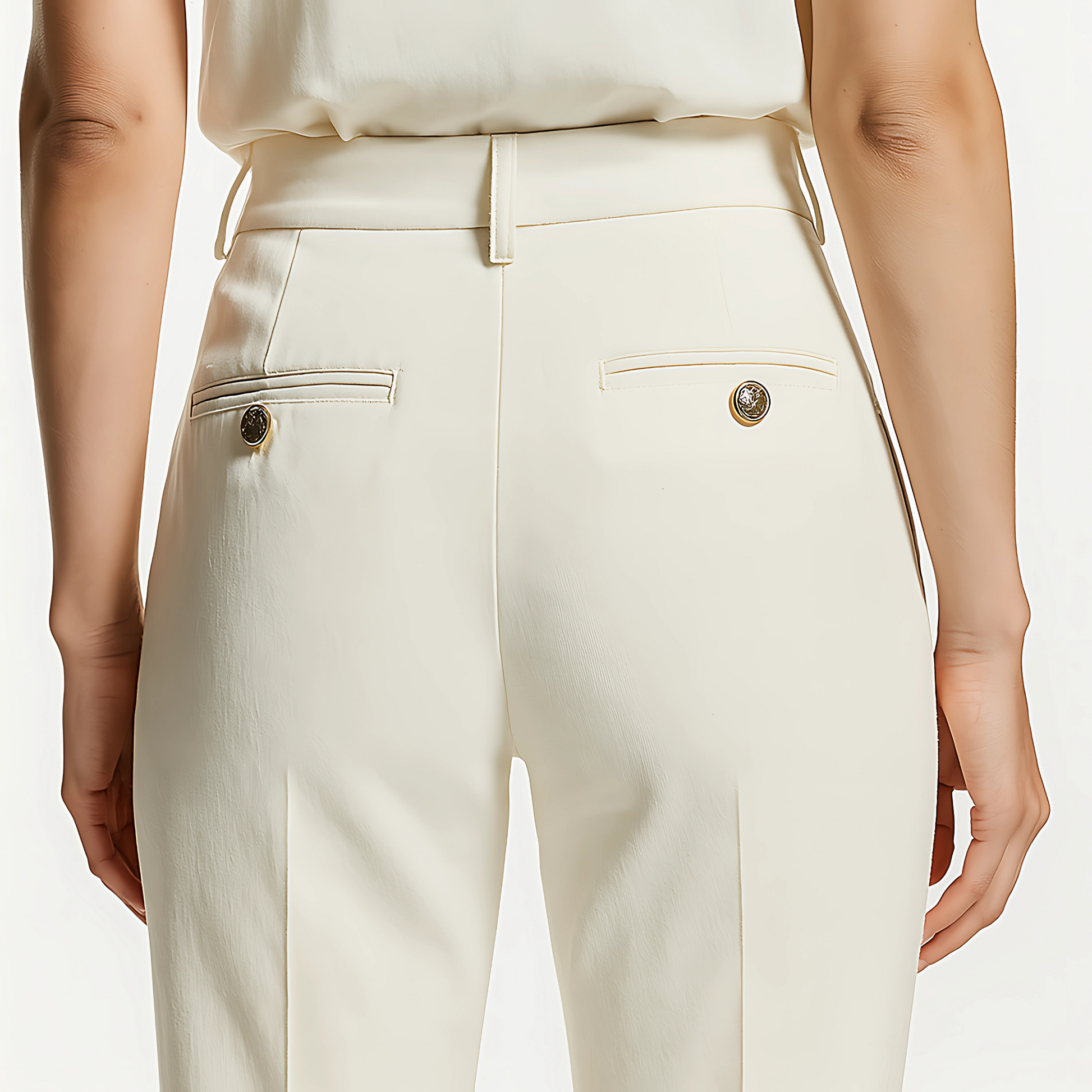 Back view of The Marais Trouser in Soft Ivory with structured waistband, belt loops, and back welt pockets, tailored for modern minimalism.
