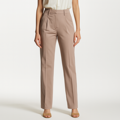 The Marais Trouser in Warm Taupe, tailored straight-leg design with structured waistband, ideal for modern minimalism and versatile wear.