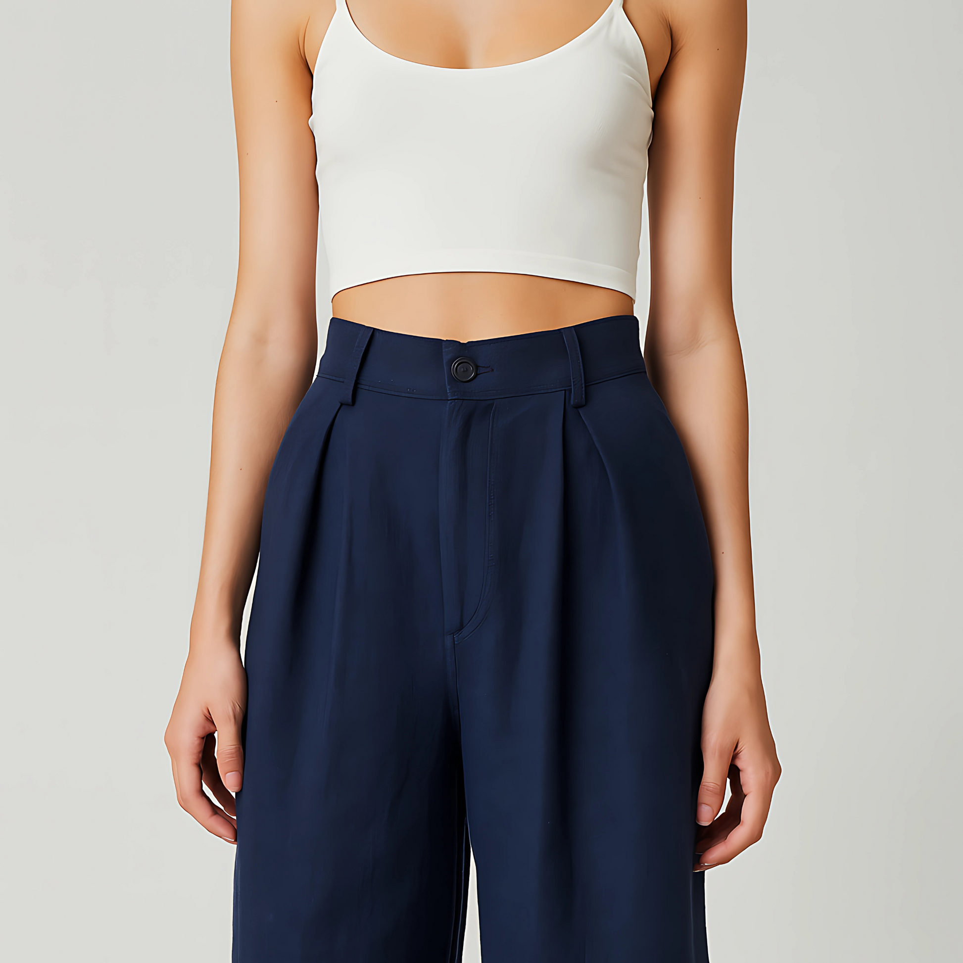 Model wearing Solana Linen Trouser in Navy featuring high-waisted, wide-leg design with front pleats for a chic, breezy look.