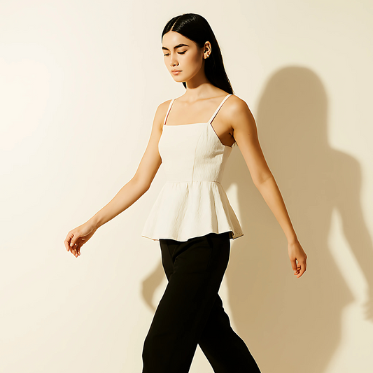 Ivory Tie-Back Peplum Top with thin straps, straight neckline, and flared hem, perfect for resortwear or modern feminine style.