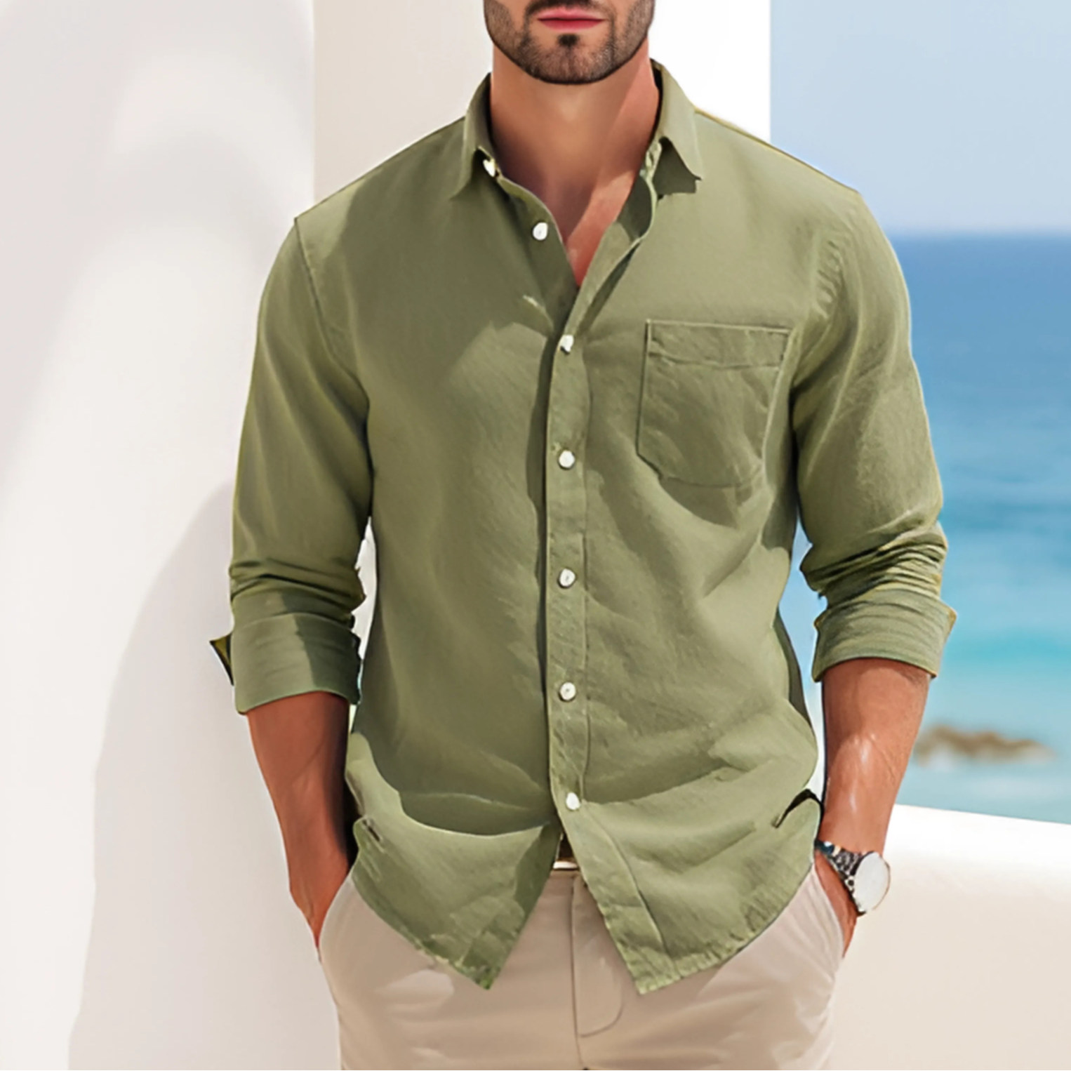Man wearing a Verde Coastline Shirt standing by the ocean, showcasing casual beach style with a green long-sleeve button-up shirt.