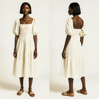 Zadie Puff-Sleeve Midi Dress in soft buttercream with square neckline, puff sleeves, shirred bodice, and tiered skirt, front and back view.