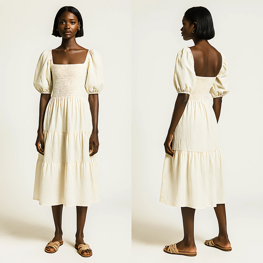 Zadie Puff-Sleeve Midi Dress in soft buttercream with square neckline, puff sleeves, shirred bodice, and tiered skirt, front and back view.