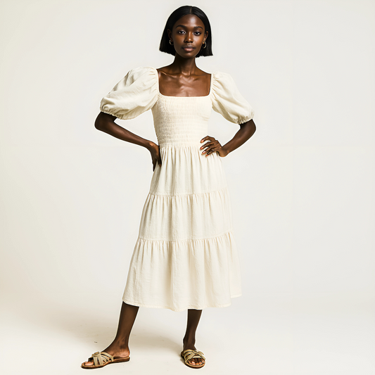 Woman wearing Soft Buttercream Zadie Puff-Sleeve Midi Dress with square neckline, ideal for resortwear and occasions.